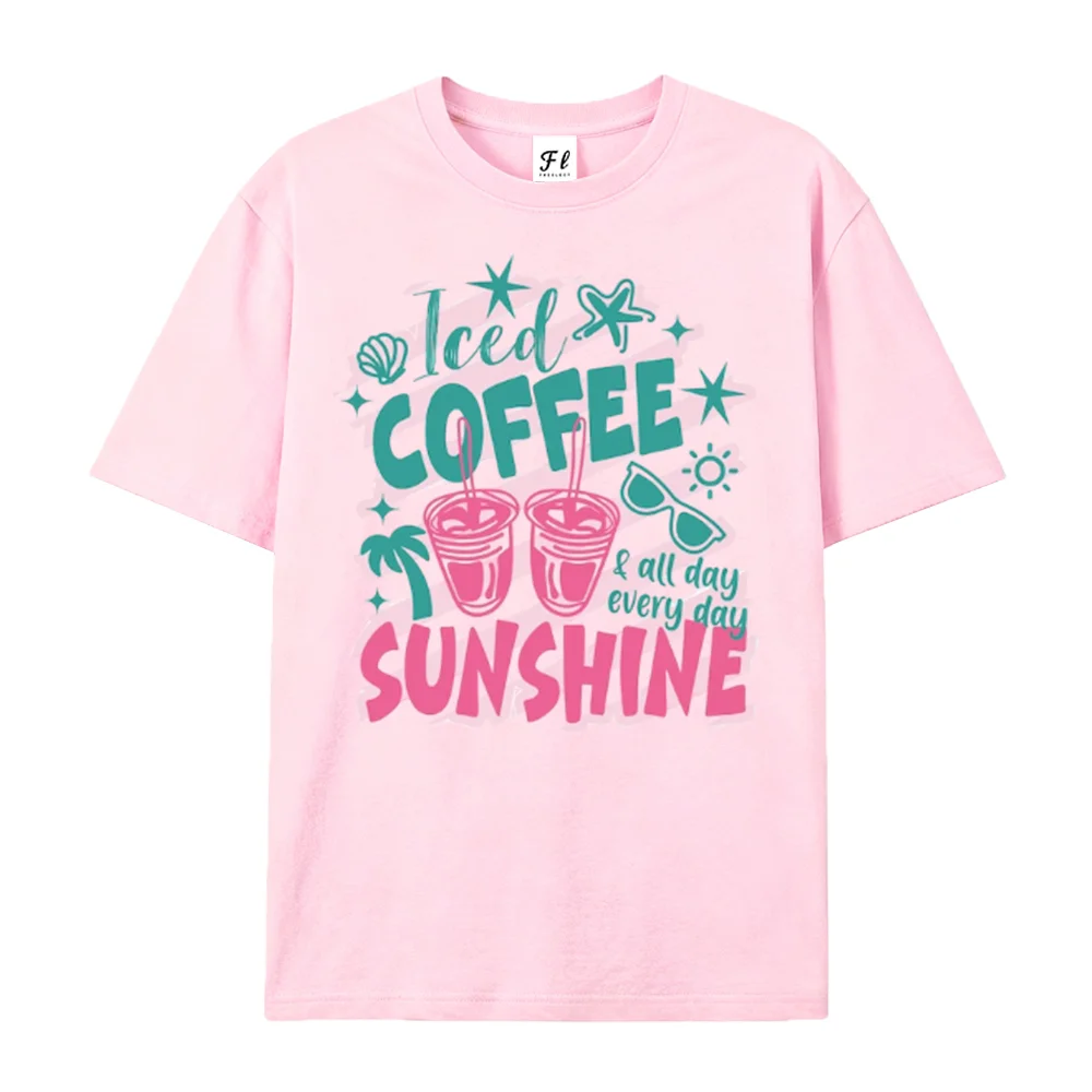 Women Summer Iced Coffee & Sunshine Graphic Print T-Shirt Aesthetic Casual Short Sleeve Oversized Crewneck Tee Tops