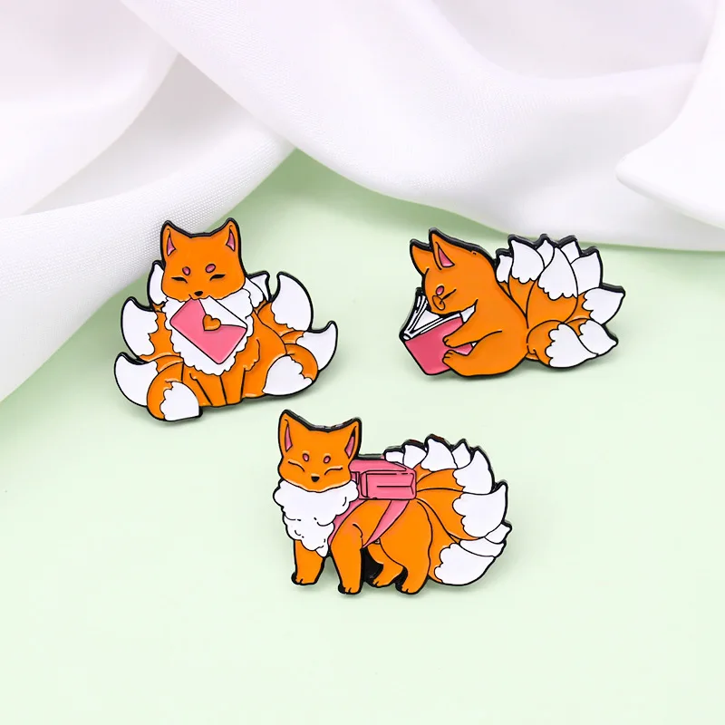 Cute Nine-tailed Fox Enamel Pin Cute Cartoon Love Letter Read Book Fox Brooch Carrying A School Bag To School Badge Jewelry