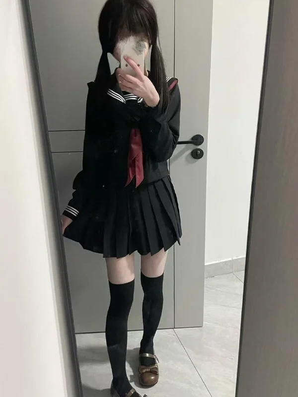 Original Jk Uniform School Style Black Three-Book Sailor Suit Long Sleeve Basic Version Black Skirt Student School Uniform Set