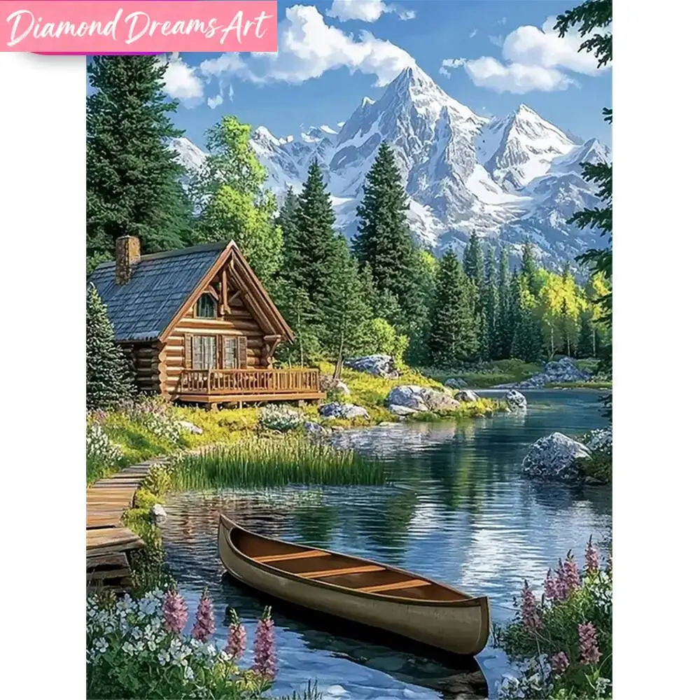 Rahmenloses Diamant-Mosaik-Set für Anfänger: Berglandschaft, Haus, Fluss – DIY-Diamantmalerei für die Wanddekoration