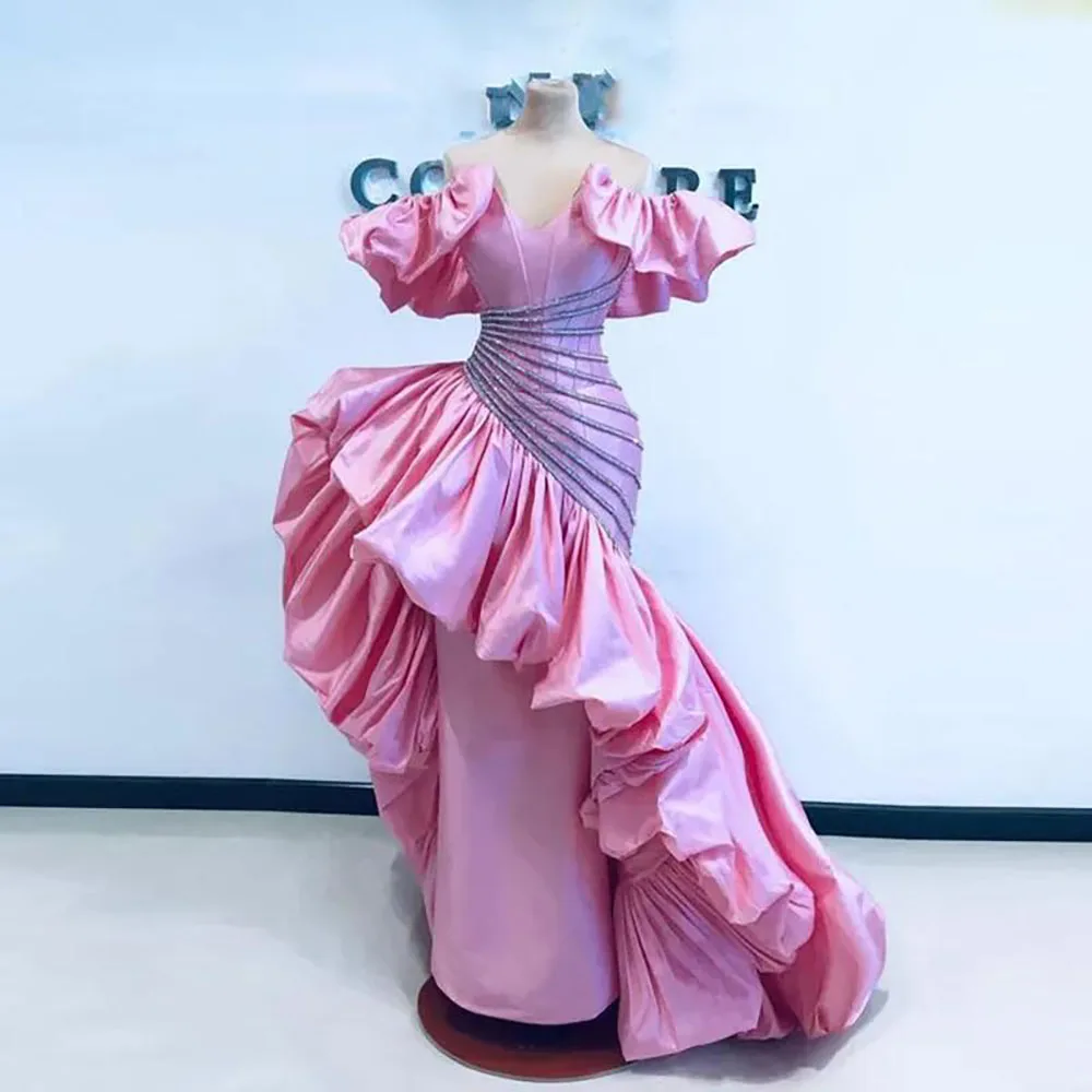 

Pink Off The Shoulder Evening Gowns Saudi Arabia Ruffles Satin Mermaid Prom Dresses Robe De Soiree Woman Party Dress