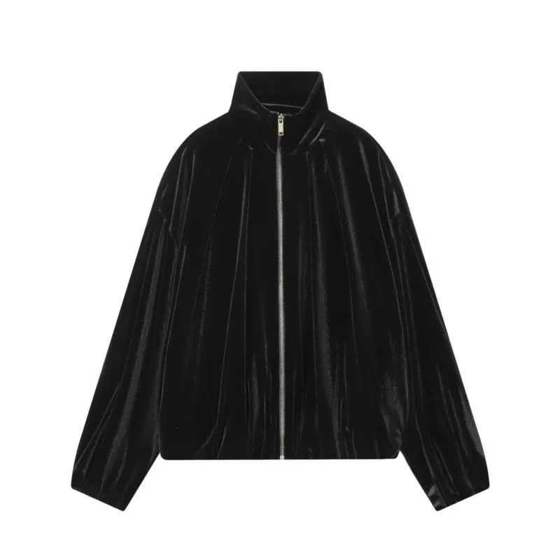 

Spring Autumn Women Velvet Jacket Casual High Collar Long Sleeve Women's Short Coat with Zipper Female Elastic Trims Chic Tops