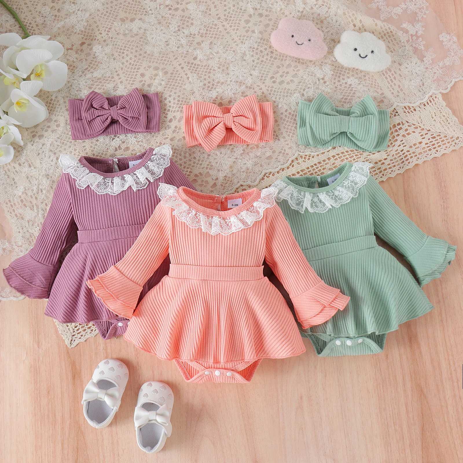 2PCS Autumn New Style For 0-1 Year Old Girls, Comfortable Sweet And Lovely Lace Collar, Long-Sleeved Dress + Hair Band