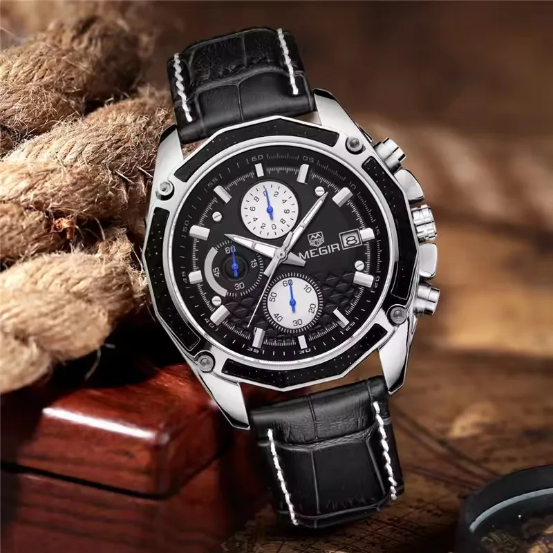 MEGIR 2015 براون موضة كرونوغراف الطلاب ساعات كوارتز للرجال حزام من الجلد ساعة يد رياضية عادية مع ساعات التاريخ #6