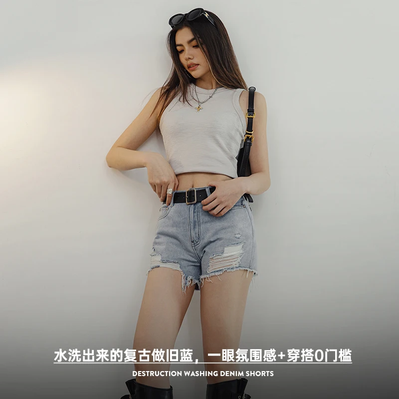 Maden Ripped Denim Shorts Women Summer Washed Do Old Beach Vacation Pants Non-stretch Casual Jeans Shorts Female High Streetwear