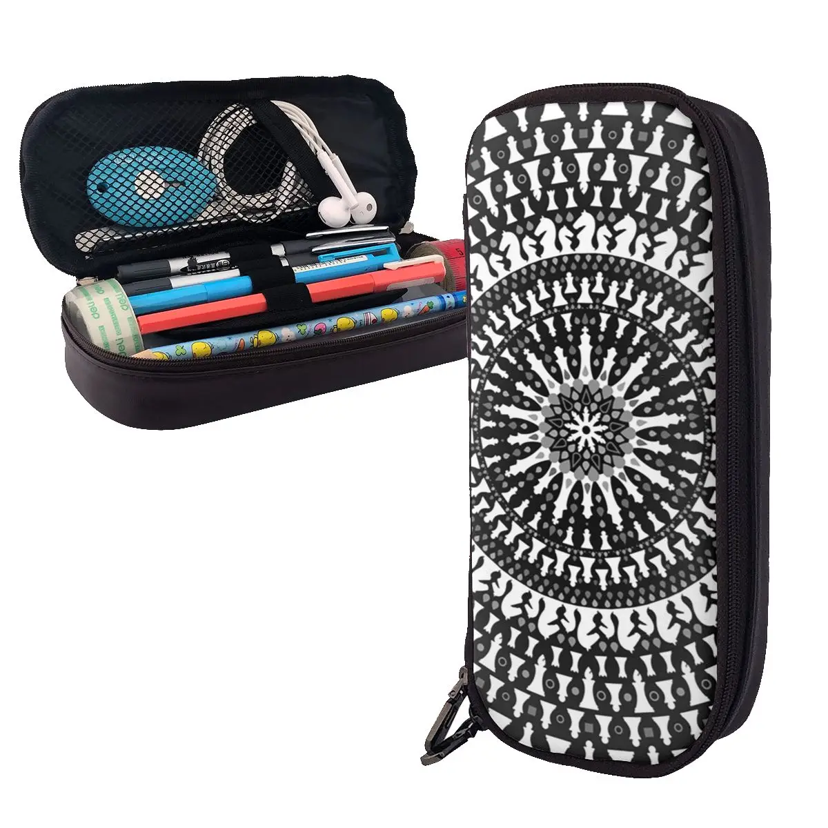 Chess Pieces Mandala Grayscale Chessboard Leather Pencil Case Pen Holder Large Capacity Pen Box Pencil Bag for Boy Girl Gifts