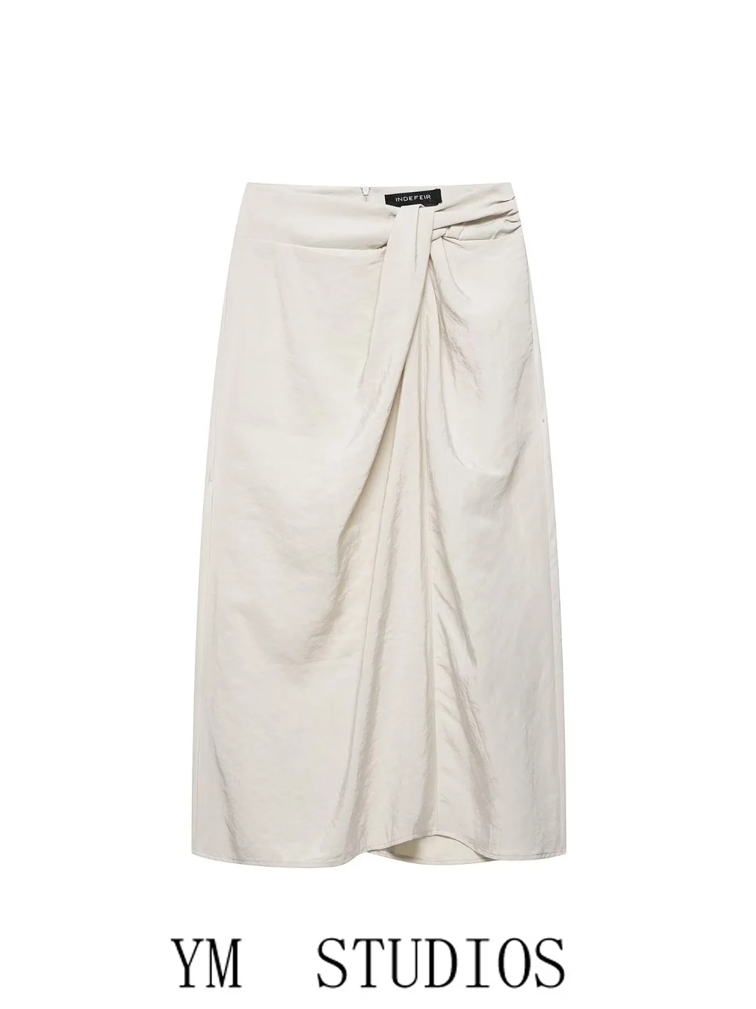 Elegant High Waist Midi Skirt for Women in Beige with Pleated Knot Decoration Straight Cut Slimming Wrap Scarf Design