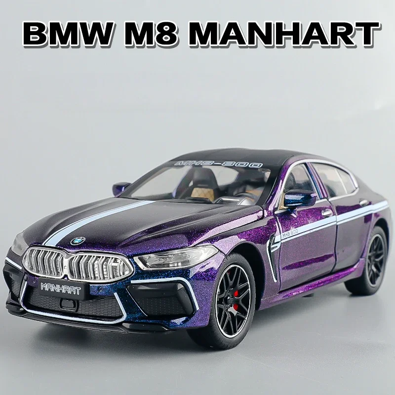 BMW M8 modelo supercar para crianças, carro de liga, som e luz, puxar para trás, Die Cast, brinquedo infantil, colecionáveis, presente de