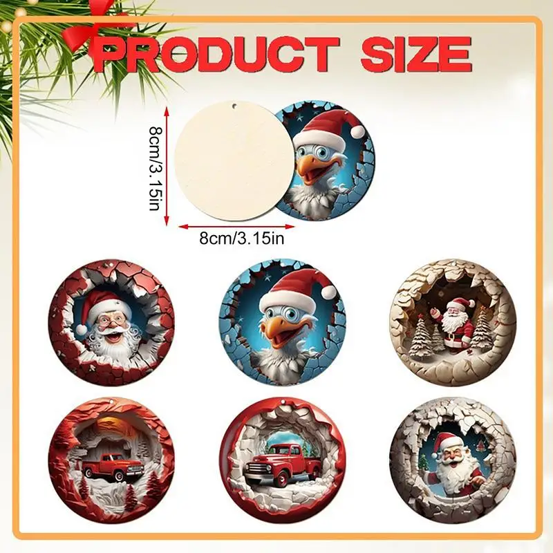 Ornamen Santa untuk pohon Natal 6X akrilik ornamen Santa Claus dekorasi musiman 2D seni liontin datar tas pesona bulat