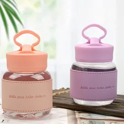 300ml Glass Water Bottle Cute Kawaii Mini Glass Cup With Insulative Sleeve Phone Holder Cup with Handle Drinking Bottles