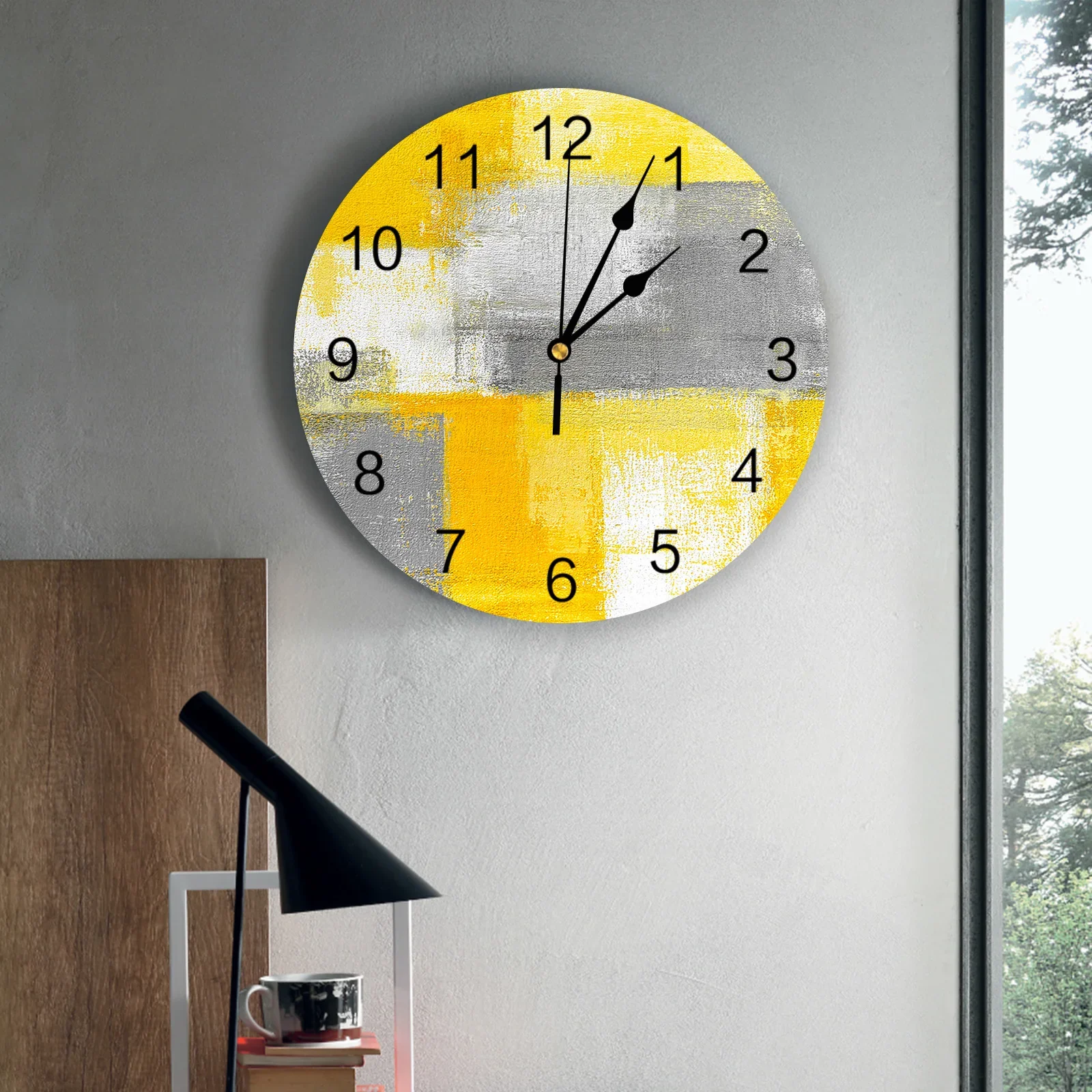 Oil Painting Abstract Geometric Yellow Wall Clock Modern Design Hanging Watch for Home Decoration Home Living Room Wall Art