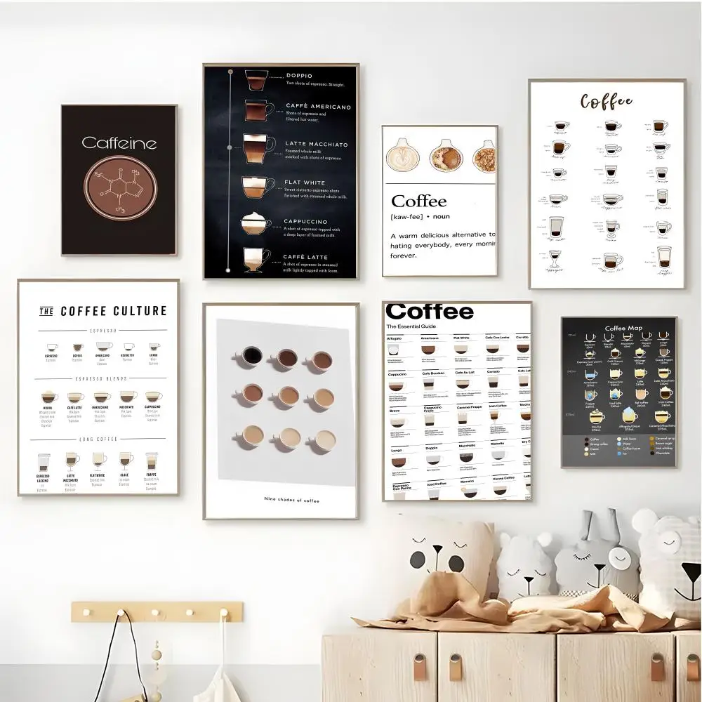 Kaffeesorten-Whitepaper-Poster, HD-Kunst, selbstklebende Wanddekoration, wasserfest, für Zuhause, Wohnzimmer, Bar, ästhetische Dekoration
