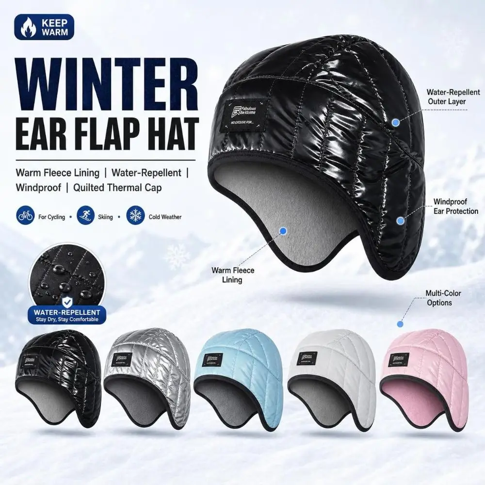 Fleece Lined Winter Ear Flap Hat Windproof Water Repellent Quilted Winter Cap Heat Retaining Ear Coverage Fleece Lined Hat