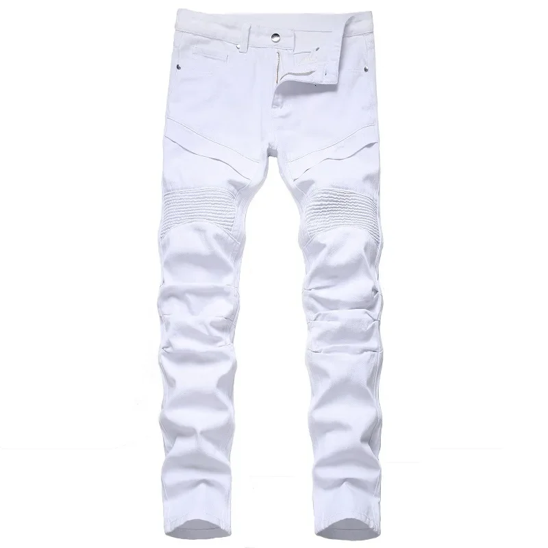 Fashion White Motorcycle Jeans Men's Personality Trousers Solid Color Casual Denim Pants Straight Spliced 90s Jeans