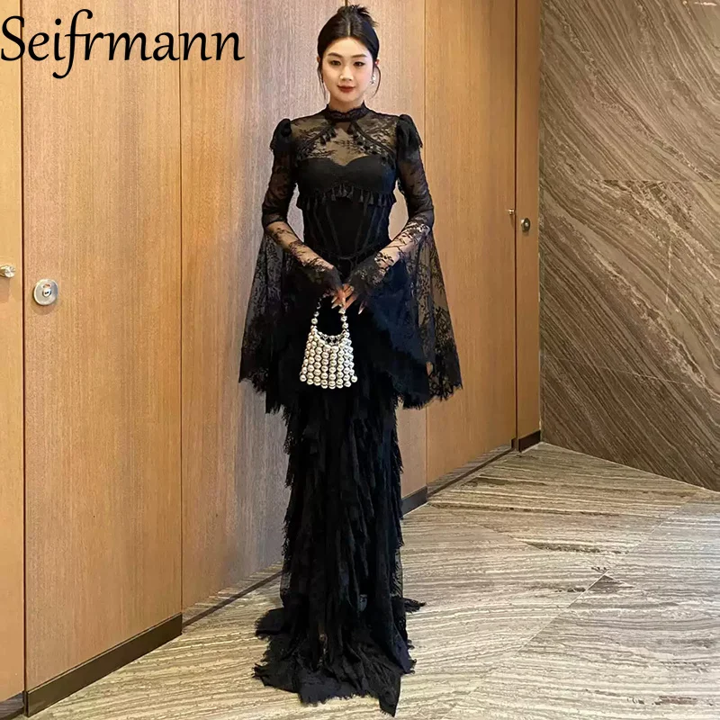 Seifrmann Spliced ​ ​ Spitzenbesticktes rückenfreies Kleid mit Stehkragen, langen Ärmeln und eleganter Taille, Sommer 2026, neuer Stil