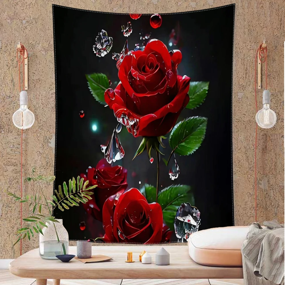 Red rose printed tapestry, romantic style, suitable for wall decoration in bedrooms, study rooms, and living rooms
