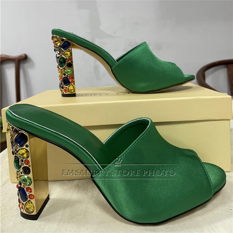 Colorful Rhinestone Diamond High Heel Sandals Women Luxury Genuine Leather Slingbacks Open Toe Party Shoes Summer