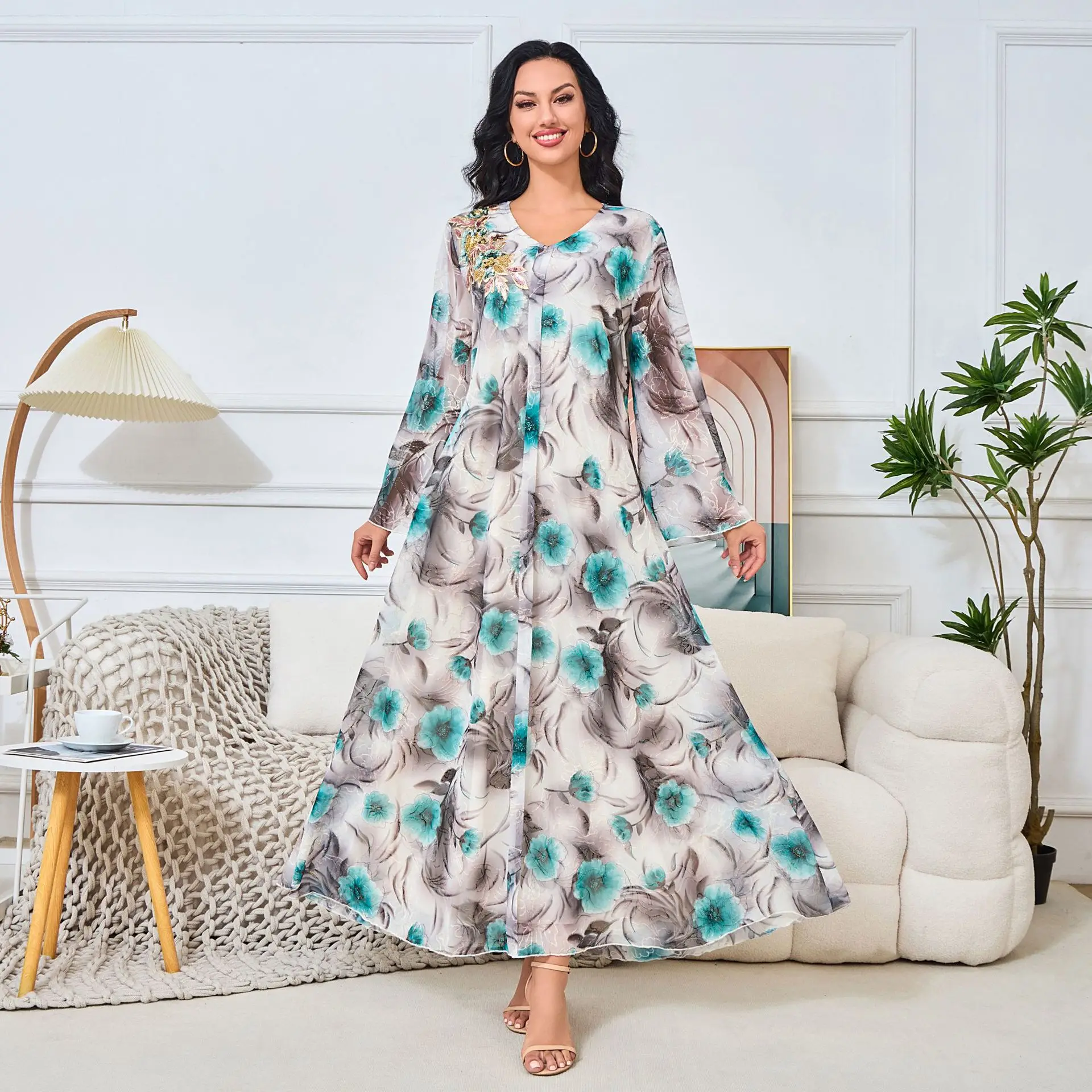 ドバイファッション花柄ビーズドレスアラビアンイブニングドレス2025秋冬新作レディース服