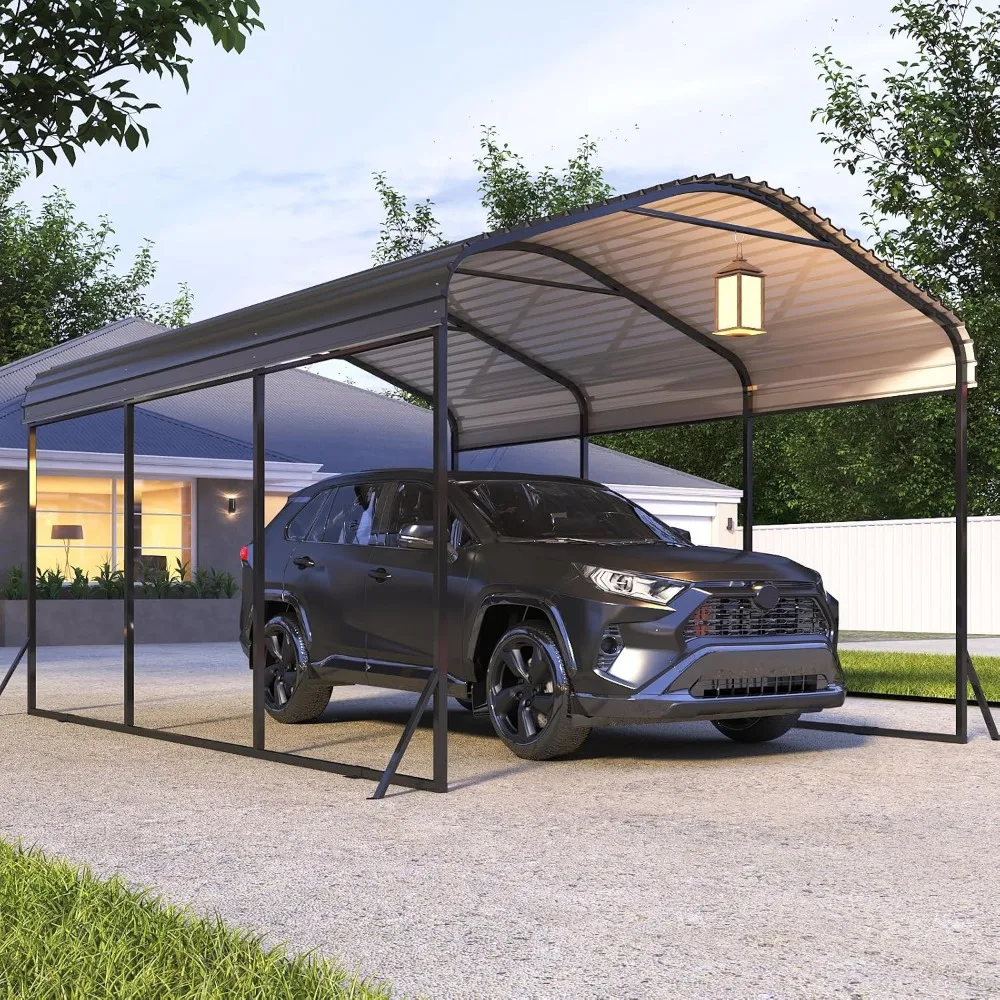 Porta-coporte de metal, dossel de carport resistente com base aprimorada, telhado de aço galvanizado e estrutura totalmente metálica, sombra de abrigo de carro de garagem