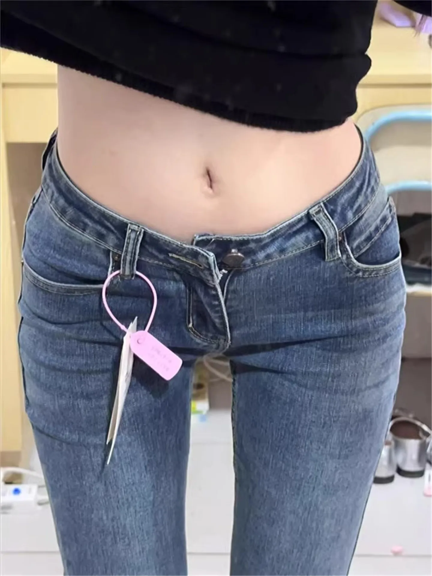 

Retro Low Waist Bell Bottom Jeans Women's Autumn Winter Slimming Long Elastic Straight Leg Cotton Denim Pants High Waist