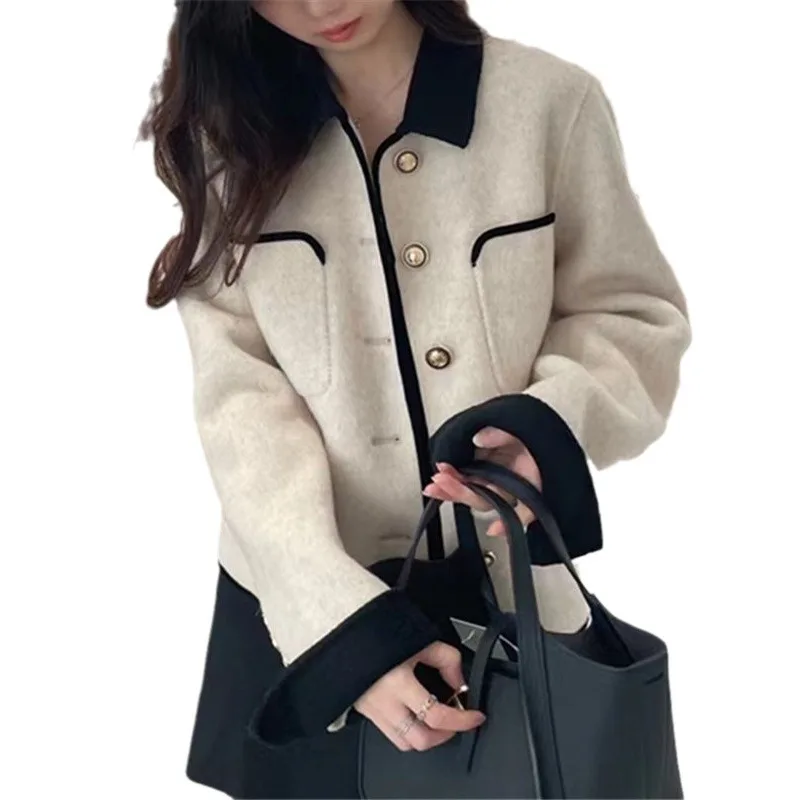 Double-sided cashmere coat women's short small fragrant Korean version spring and autumn contrasting color small lapel wool coat