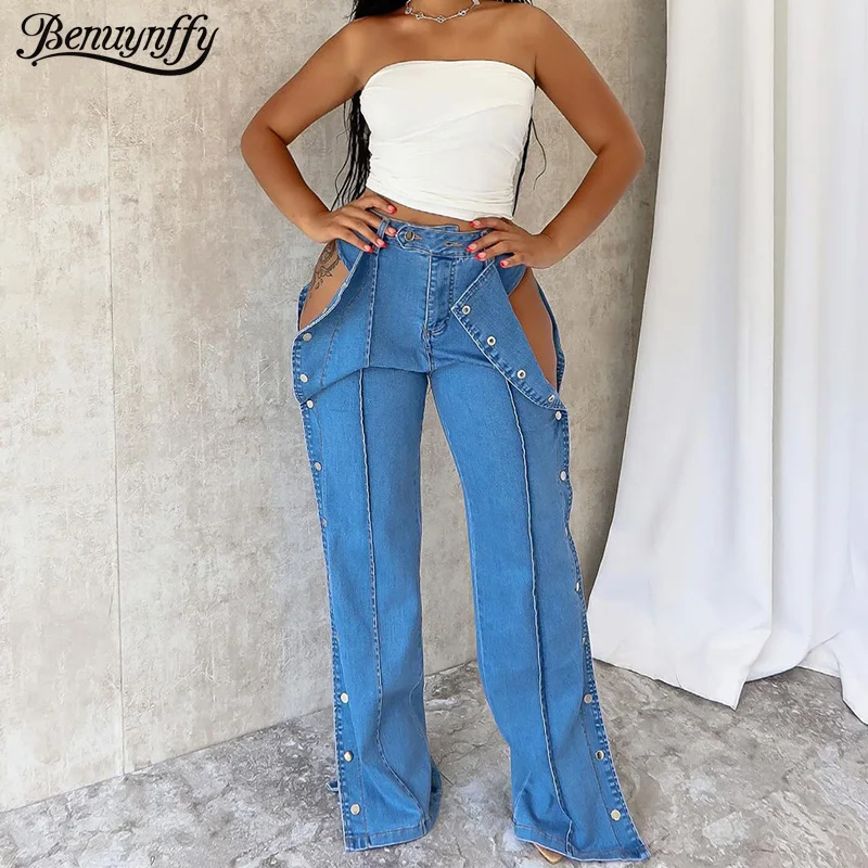 

Benuynffy Women's Fashion Street Double-side Button-closed Jeans American Vintage Mid Waisted Female Casual Straight-leg Pants