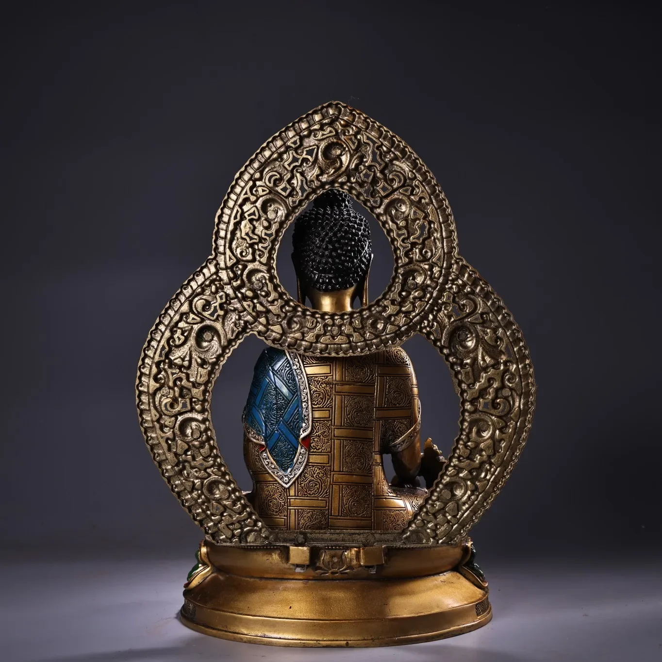

14"Xizang Folk Collection Old Bronze Painted Shakyamuni Backlight Lotus Platform Sitting Buddha Worship hall Town House