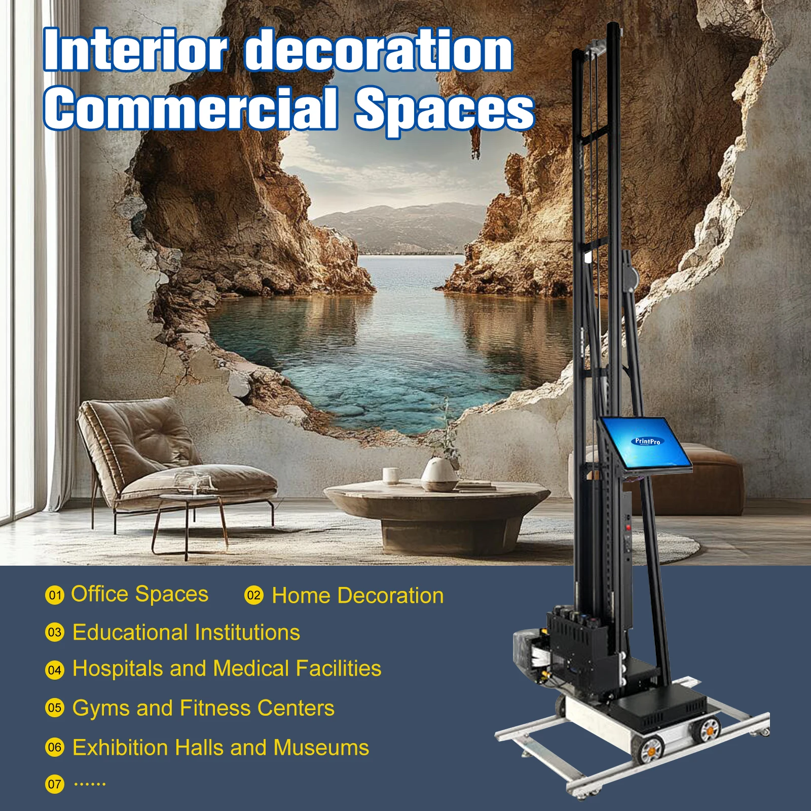 PrintPro Vertical Wall Printer 3D UV Inkjet Wall Printing Machine Mural Art Robot Direct to Wall Painting