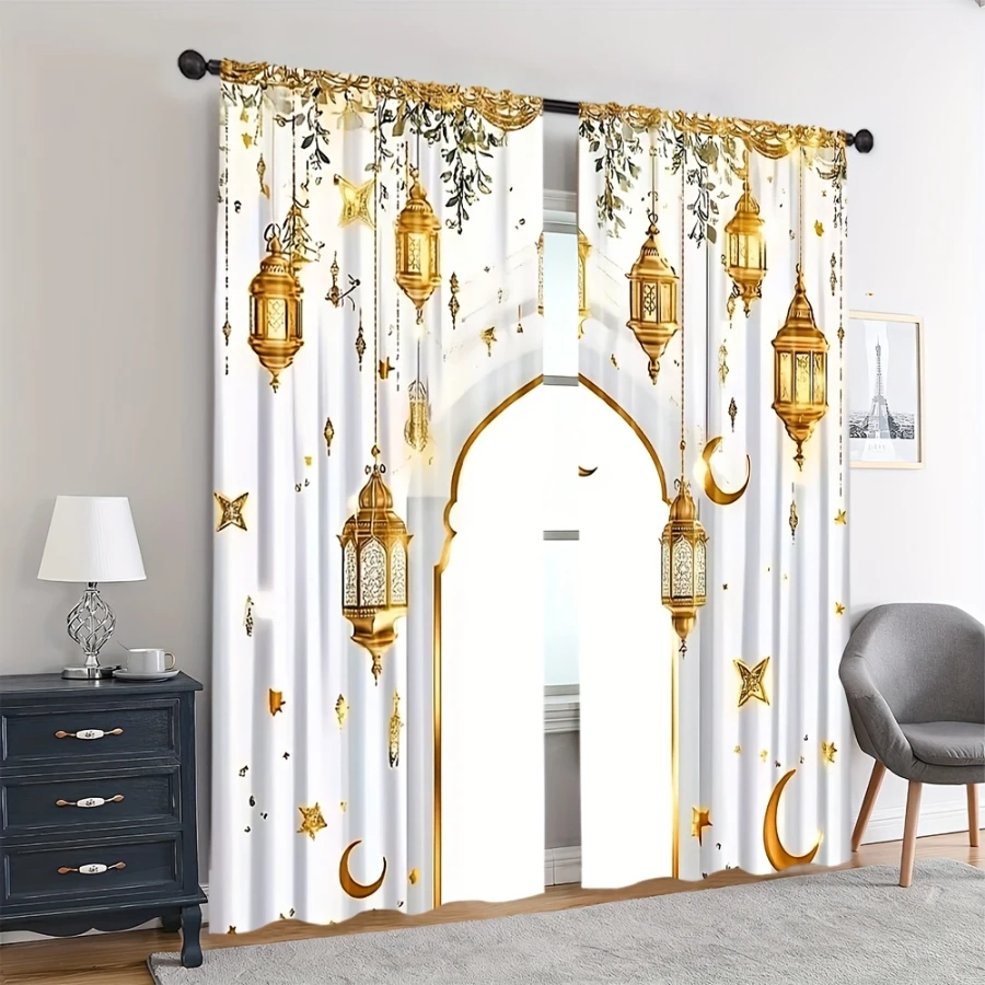 2PCS Digital Print Curtains, Golden Lantern Arch Wall, Moroccan Style Living Room Decor Exotic Bohemian Elegant Bedroom Drapes