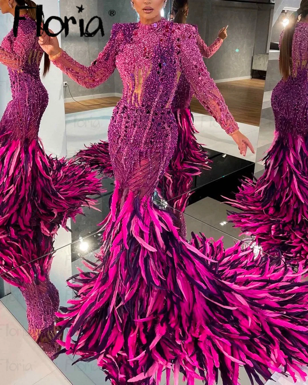 платье вечернее длинное Fuchsia Feathers Turtleneck Formal Evening Dress Dubai Wedding Party Gowns Robe Soiree De Luxe 2024