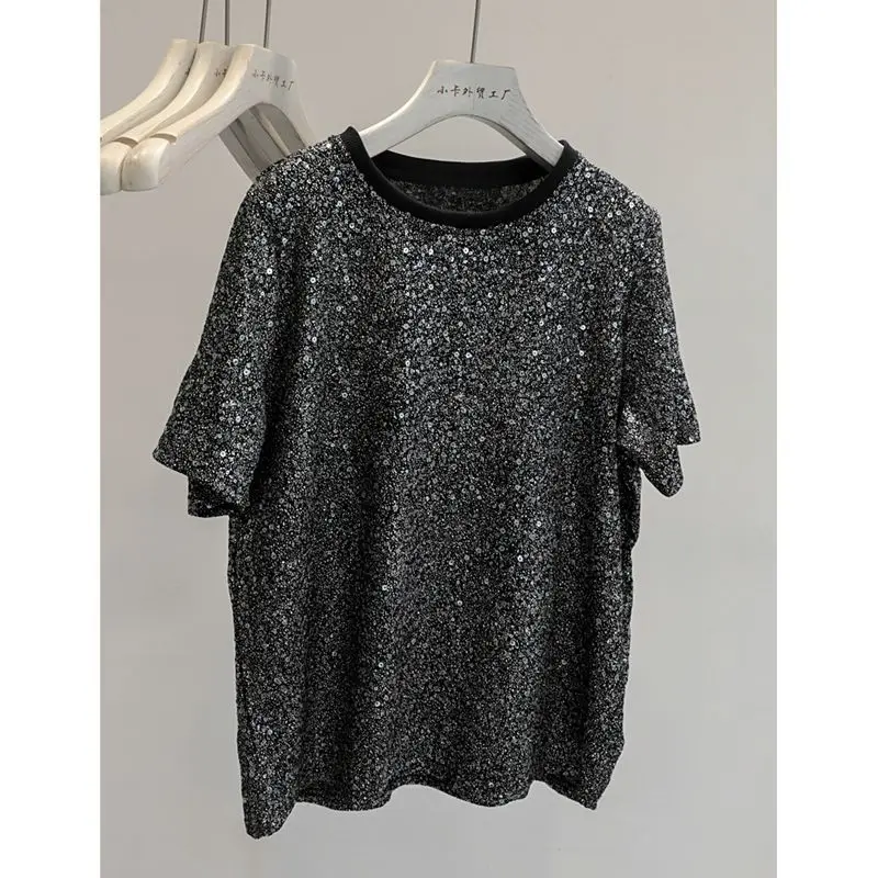 

2025 Design Sequined Round Neck Short Sleeved T-shirt for Summer Stretch Slim Fit and Trendy Men's Thin Fit Pullover T-shirt