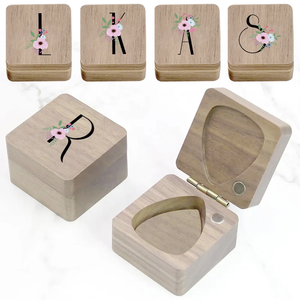 

1pc Wooden Plectrum Storage Box Portable & Stylish Perfect For Guitar & Ukulele Accessories Initial Name 26 Letters Pattern