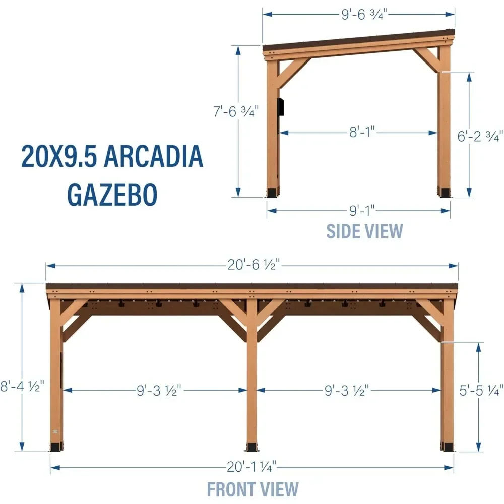 20' X 9.5' Cedar Wood Outdoor Gazebo Pavilion with Hardtop Galvanized Steel Slope Roof, Snow Support, Wind Resistance