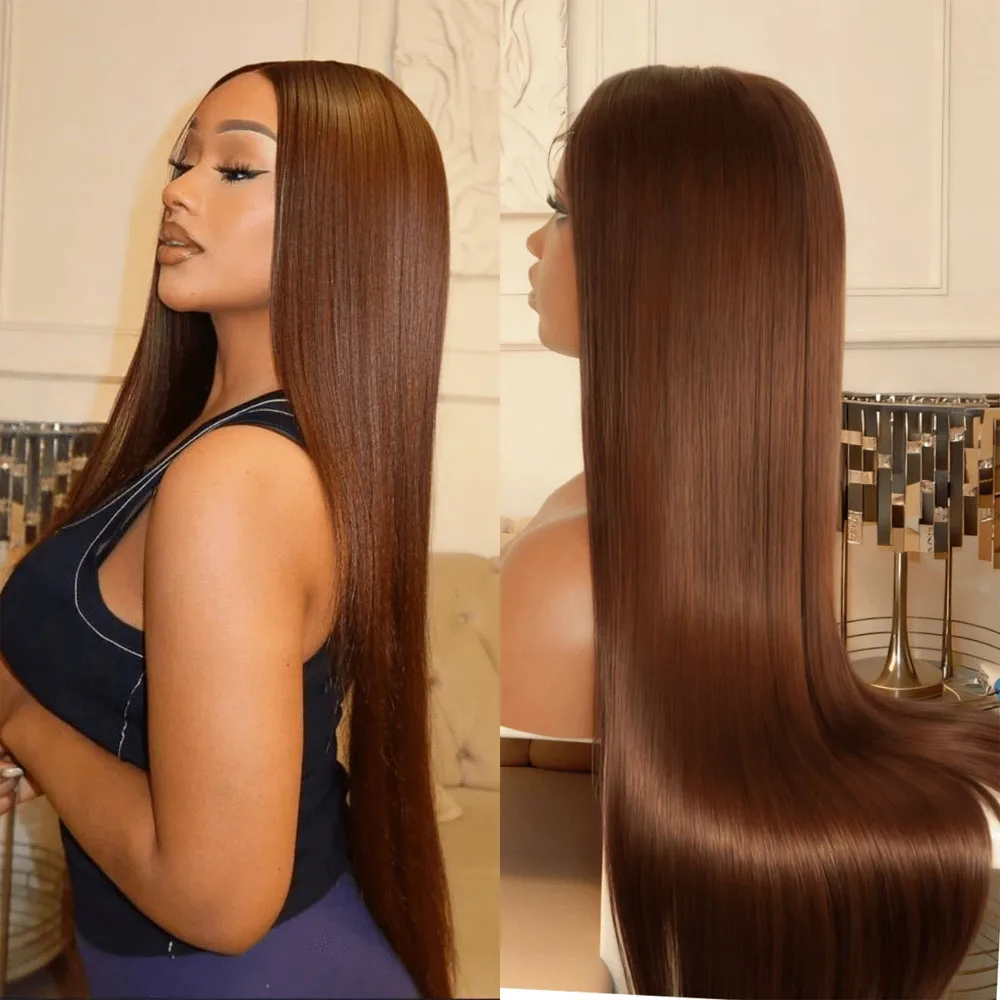 

Прямой шоколадно-коричневый парик Парик из натуральных волос 13x4 Прозрачные кружевные человеческие волосы Предварительно выщипанные с детскими волосами 32-дюймовый парик из человеческих волос