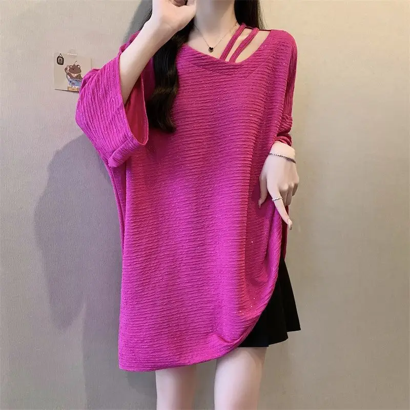 2024 Summer New Simplicity Solid Color V-neck Short Sleeve T-Shirts Female Casual Korean Irregular Hollow Out Loose Top Tee