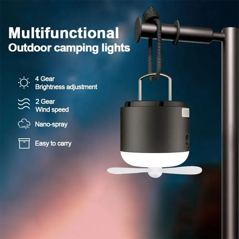 Multi-function Camping Ceiling Fan Light Portable Hiking Tent Lamp With Spray Mist Mosquito Repeller LED Lighting Fan