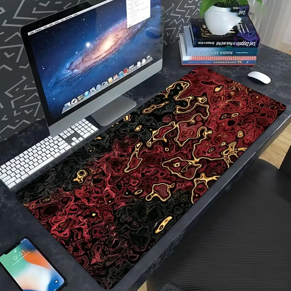 Red Black Gold Fluid  Extended Mouse Pad, Abstract Liquid Swirl Texture Stitched Edge  Non-Slip Rubber Large Gaming Desk Mat