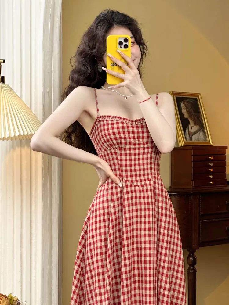 Elegant Plaid Midi Dress Women French Vintage Spaghetti Strap A-line Spring Summer Holiday Beach Style Prom Robe Vestidos Mujer