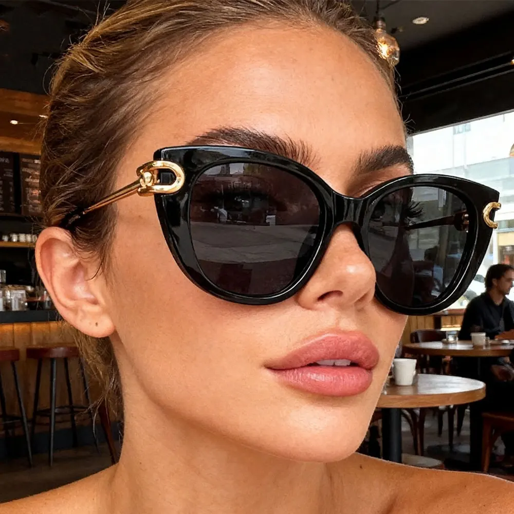 Sun Glasses Ladies Trendy Elegant Driving Shades Vintage Patchwork Round Cat Eye Sunglasses for Women New Fashion Alloy Gradient