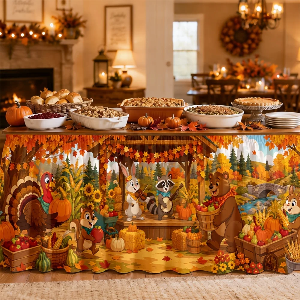 Tablecloth Harvest in Autumn Forest Cabin Animal Gathering Thanksgiving Warm Autumn Season Partyxzj