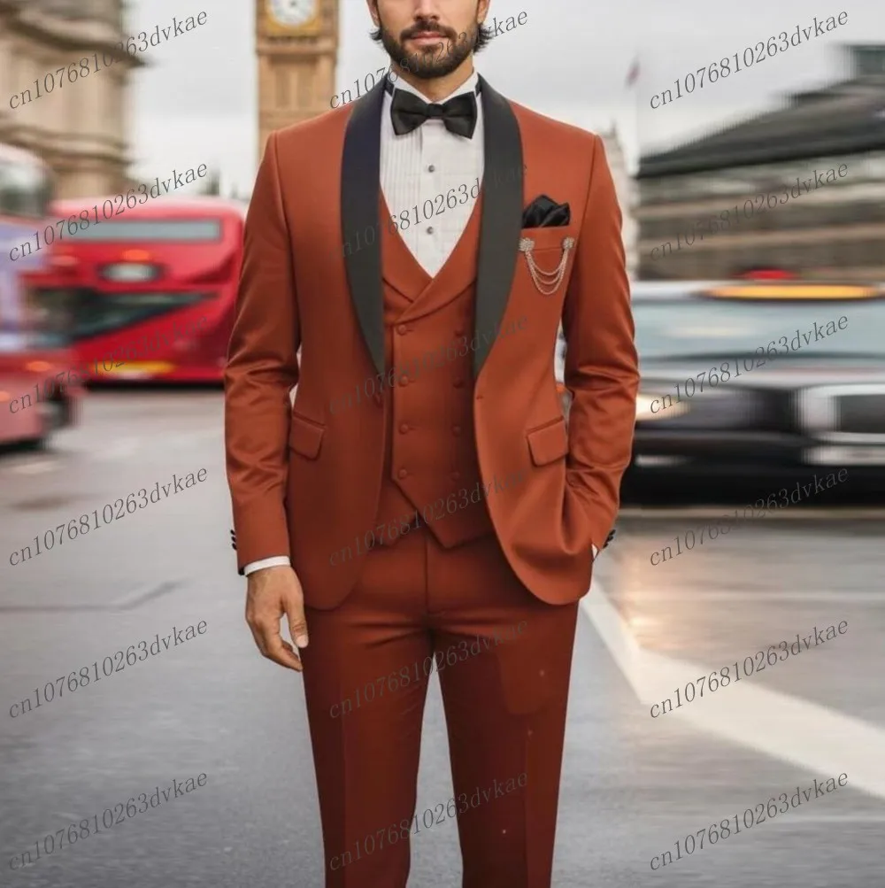 

Black Collar Rusty Red Men Suit Wedding Party Formal Groom Groomsman Prom Business Male Tuxedos 3 Piece Set Jacket Vest Pants