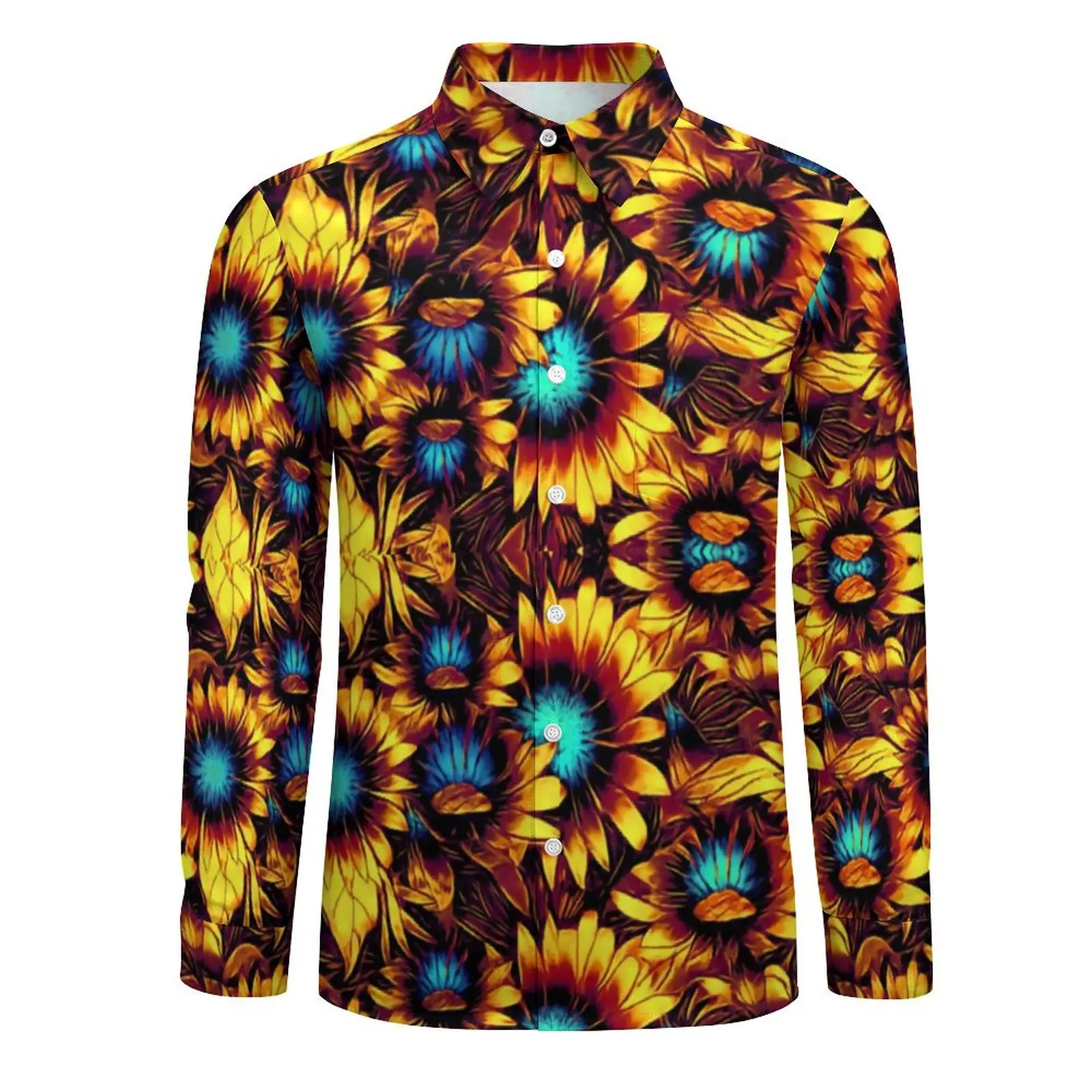 Abstract Floral Casual Shirt Man Sunflowers Print Y2K Funny Shirt Autumn Retro Blouse Long Sleeve Design Oversized Clothing