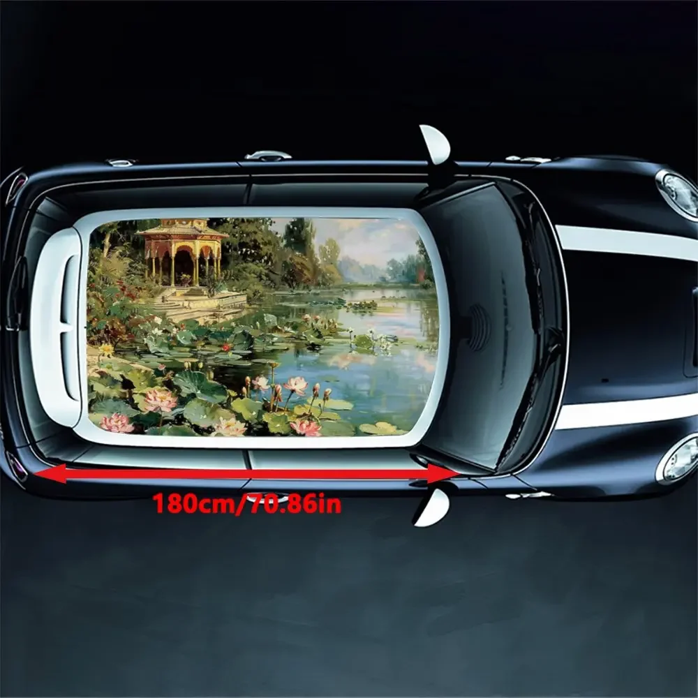 Lotus Pond Landscape Painting Car Roof Sticker Wrap Racing SUV Auto Accessories Packaging PVC Car Hood Graphic Decal Decoration