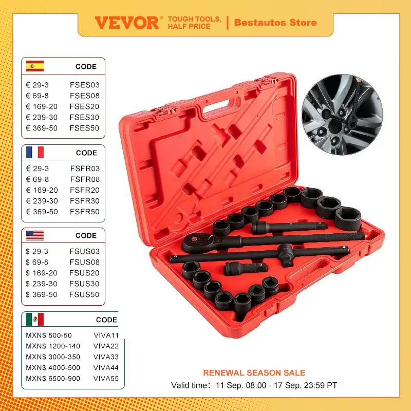 VEVOR 21 22 27 PCS Drive Impact Socket Set 3/4 Inches CR-V Material 6-Point Socket With Carrying Case for Remove Wheel Lug Nuts