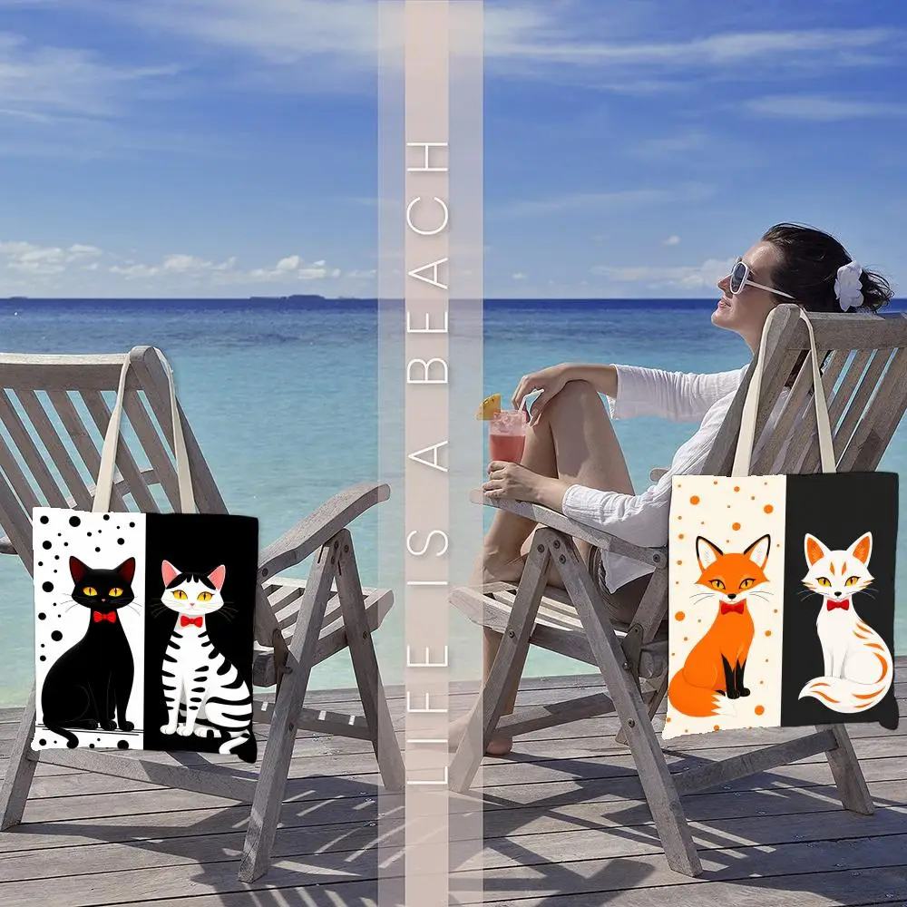Fashion Black White Cat Storage Bags Aesthetic Floral Canvas Tote Bag: Large Reversible Everyday Shoulder Purse