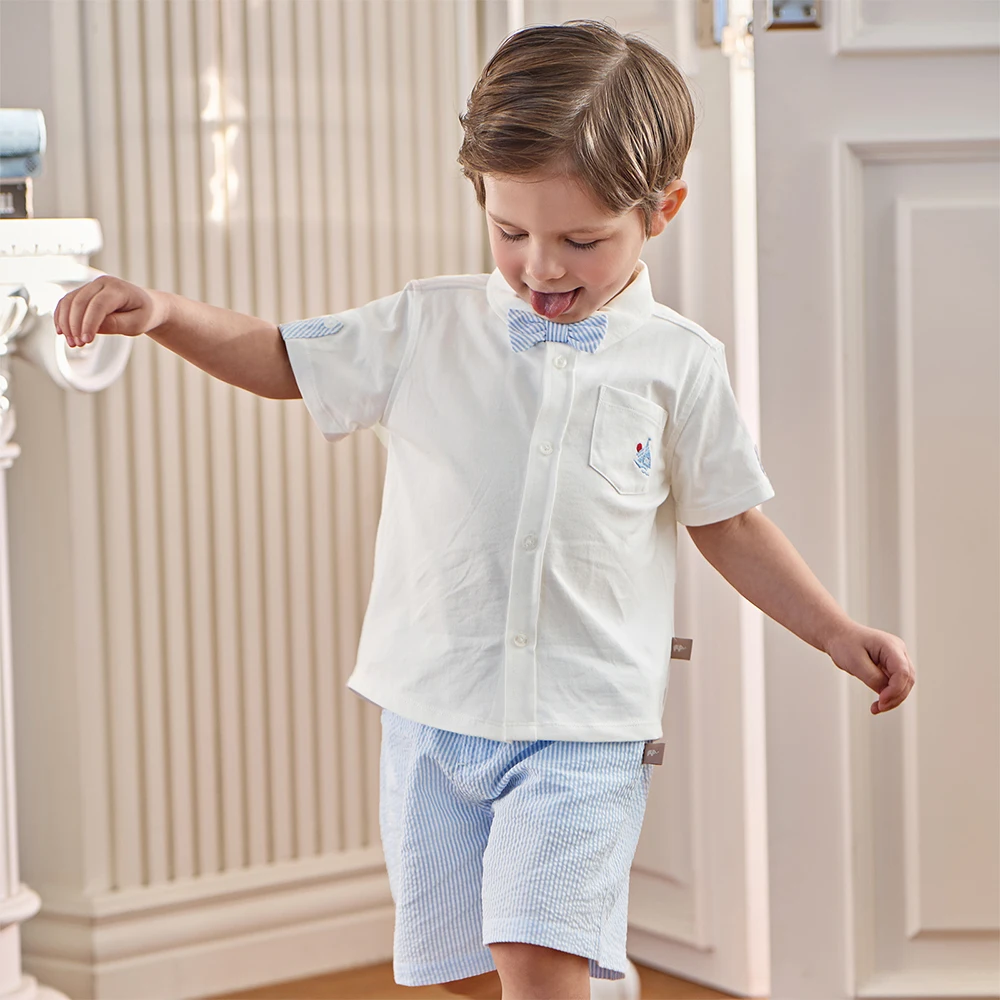 Dave Bella Boys Shorts Set Summer Children Shirt+Pant Suits White Blouse Stripe Trousers Pure Cotton Cool Kids Clothes DB2261287