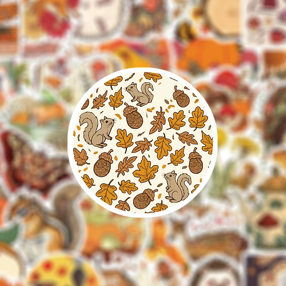 10/30/50/100pcs Cartoon Vintage Autumn Forest Stickers Fall Animal Plants Sticker Luggage Notebook Phone Waterproof Decals Pack