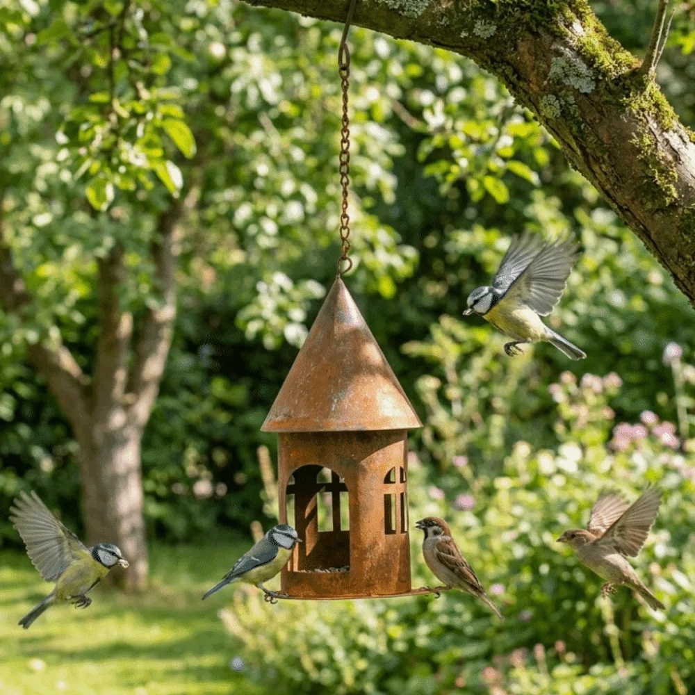 Simple Iron Rusty Castle Candlestick Rustic Hollow Design Hanging Castle Candle Holder Decorative Hanging Bird Feeder for Garden
