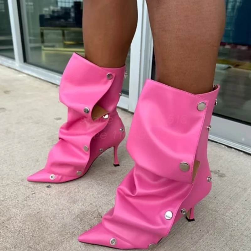 

Розовые плиссированные сапоги до середины икры с металлическими пуговицами, женские ботинки до середины икры с молнией сзади, острый носок, лакированные женские пикантные модные вечерние туфли на подиуме