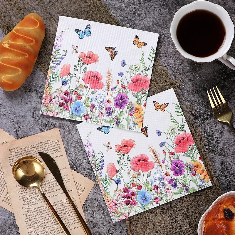 New Floral Colourful Napkins Printed Paper Placemats Restaurant Hotel Party Pure Wood Pulp Paper 20pcs/pac Wood Pulp Paper 33cm